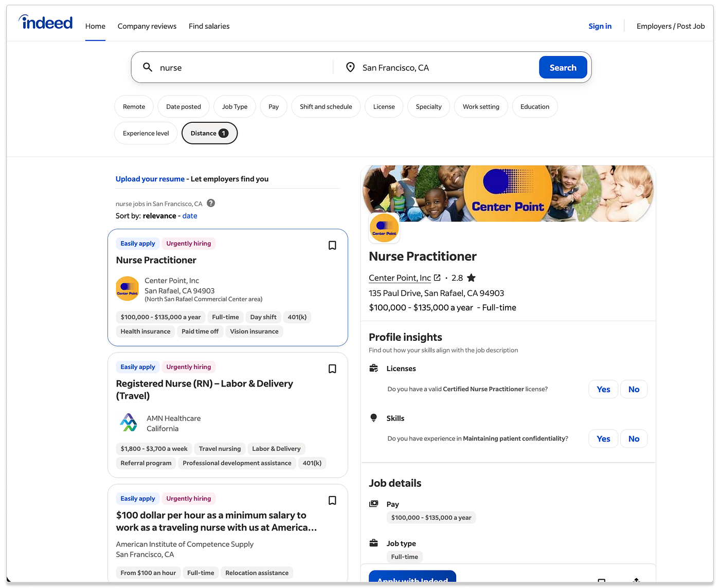 Live Indeed jobseeker job-search results page