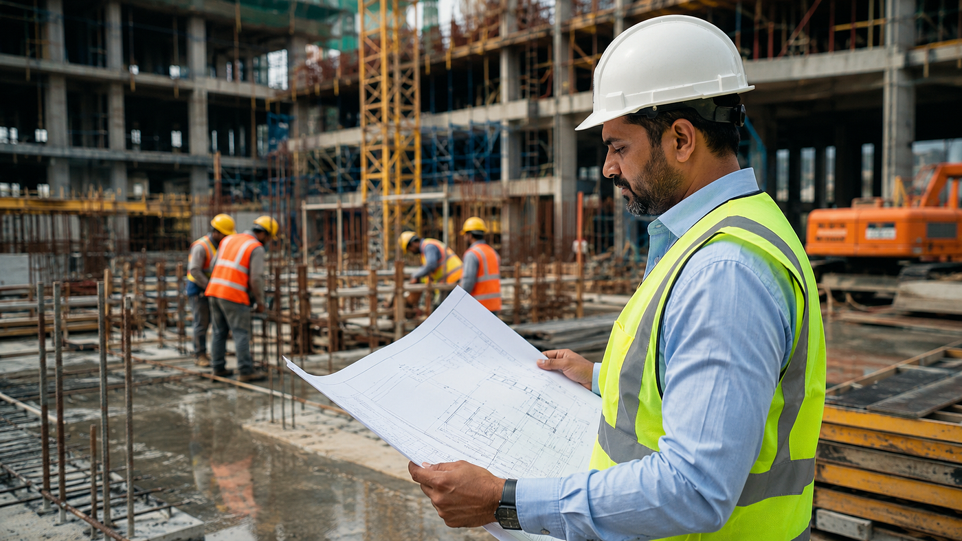 An experienced site supervisor reviewing architectural drawings and coordinating with project teams at an active commercial design project site while monitoring construction quality, timelines, and workforce performance.