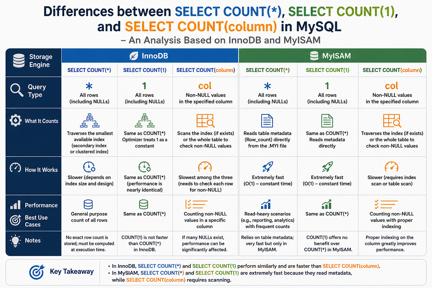 Differences between SELECT COUNT(*), SELECT COUNT(1), and SELECT COUNT(column) in MySQL — An…