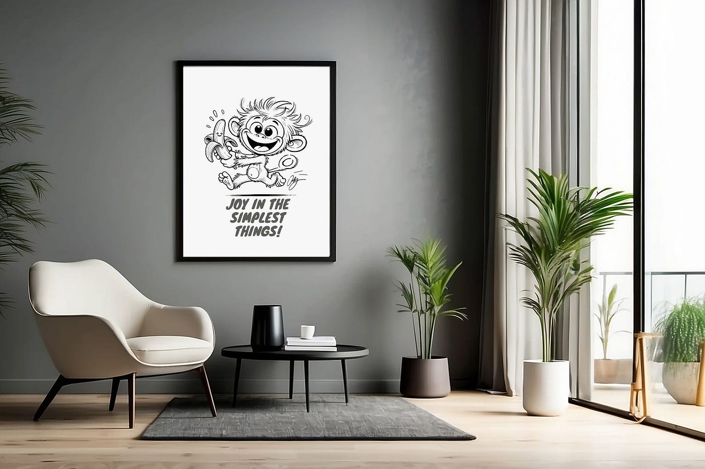 Minimalist Cartoon Wall Art — Playful Monkey with Banana | Modern Home Decor