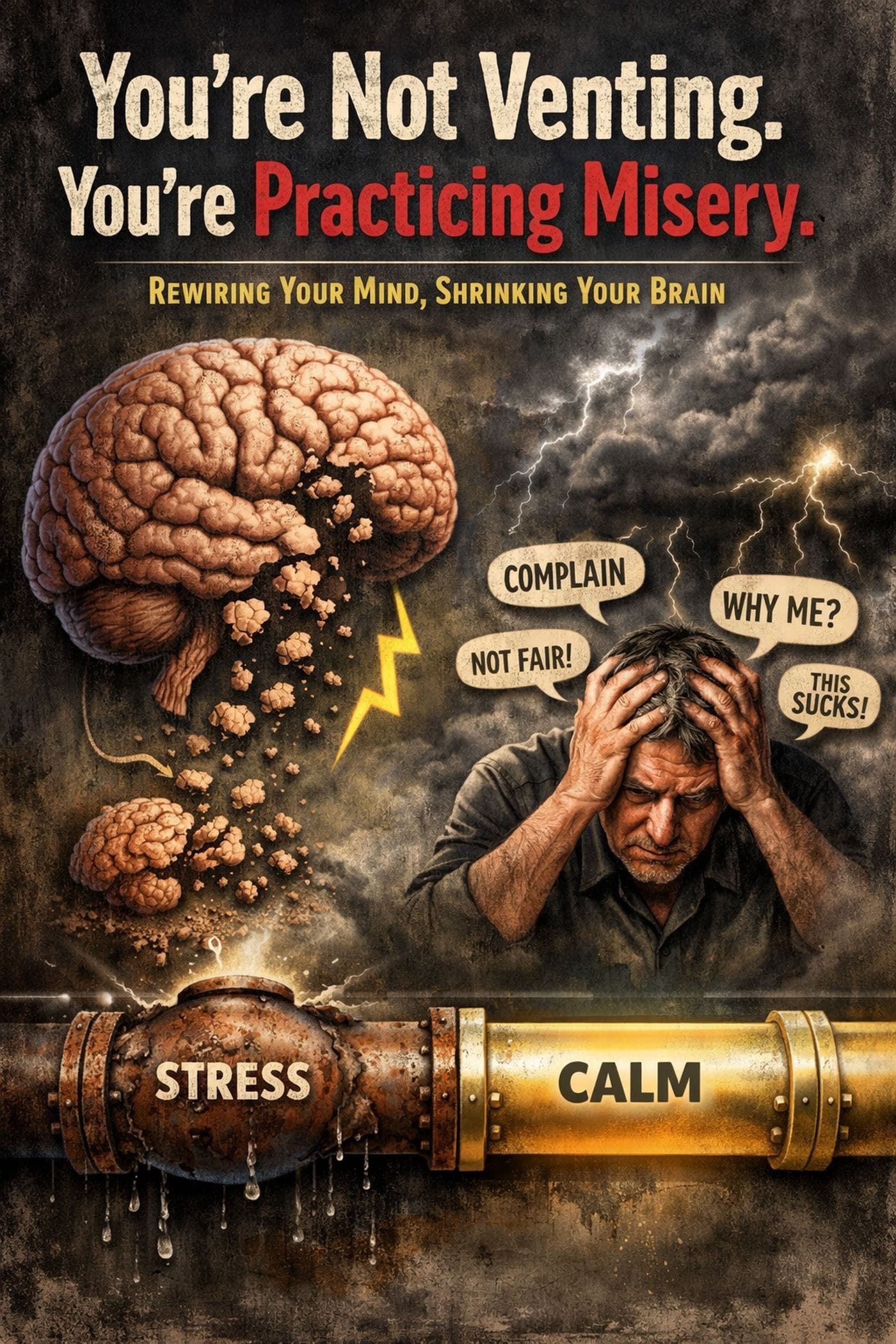 폭풍우 구름과 부정적인 말풍선으로 둘러싸인, 스트레스에 의해 무너져가는 인간의 뇌를 묘사한 그림입니다.<BR> 옆에는
"스트레스"와 "평온"이라고 적힌 파이프가 놓여 있는데, 이는 만성적인 불평이 뇌를 재구성하고 부정적인 생각을 강화하는 방식을 상징합니다.<BR>