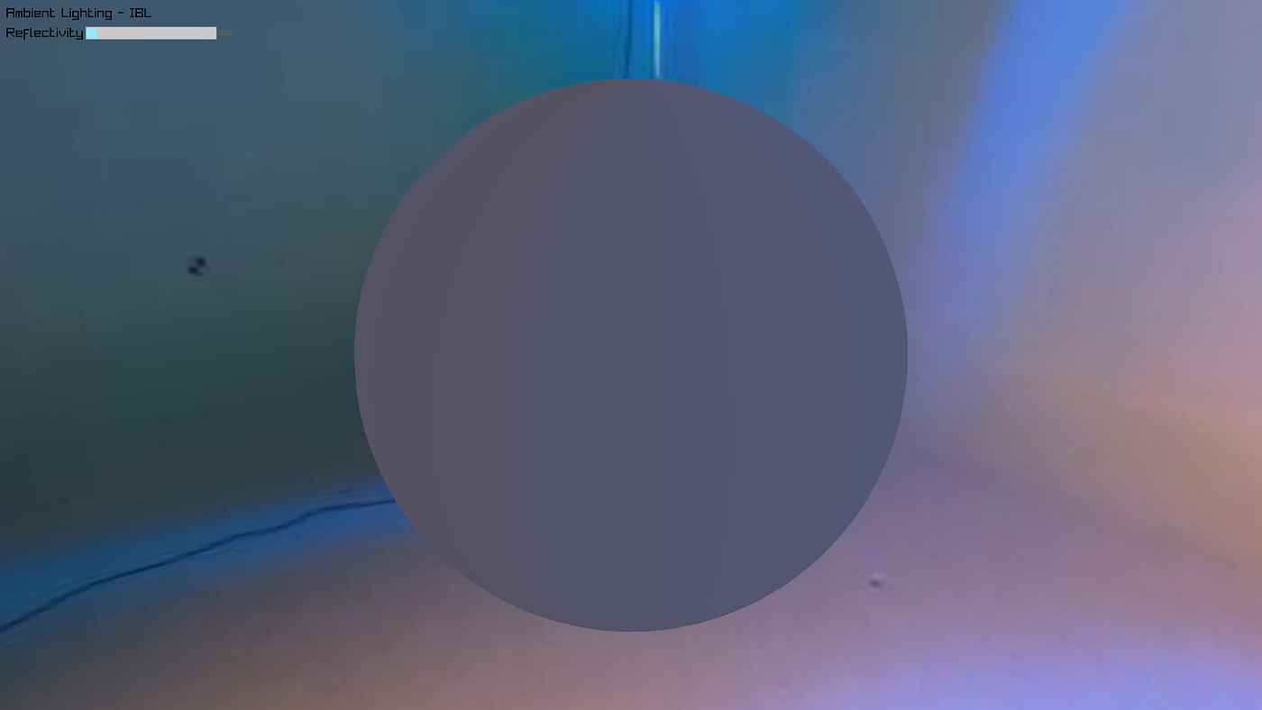 Fig 5: IBL ambient light on a sphere with varying reflectivity (1.00, 0.50, 0.00), We notice that even at 0 reflectivity, the shading is not a constant color, rather the various parts are affected by the environment accordingly.