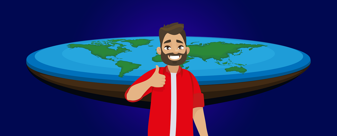 Ilustração de um homem de barba (alusão à Tiago Santineli) em frente a uma Terra Plana | imagens de shutterstock