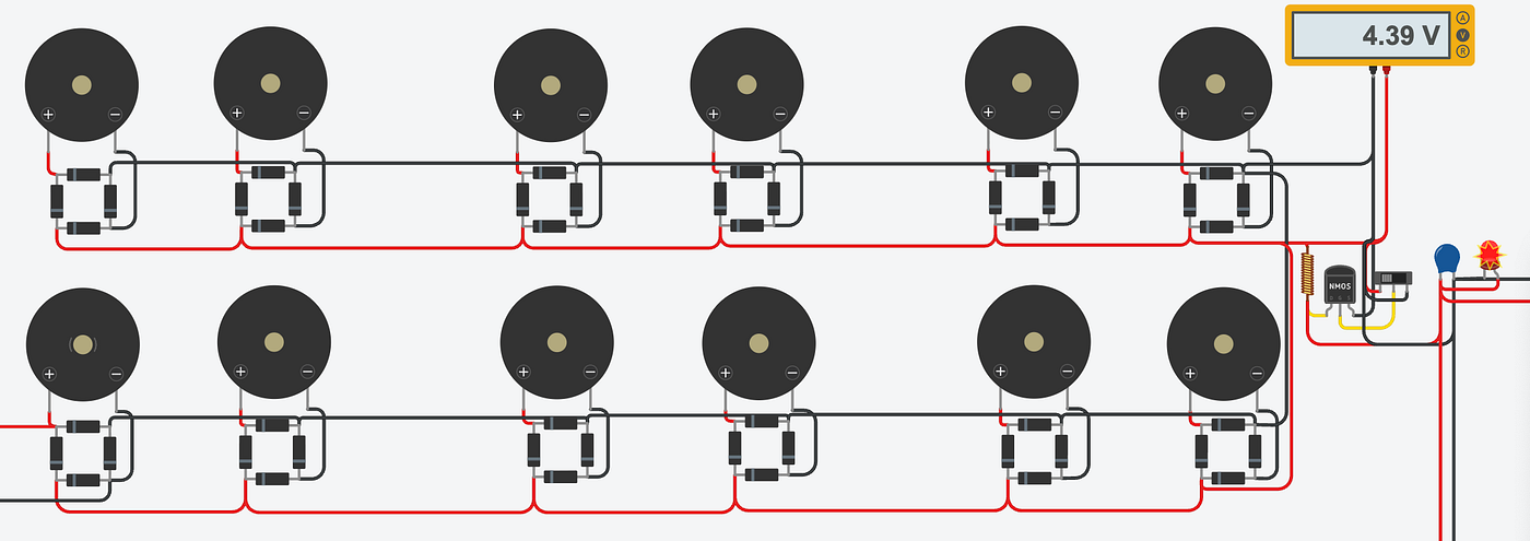Figure 3.8 // Image by Daniel Fung on Tinkercad // Overview of how the DC+ and DC- should be connected in parallel