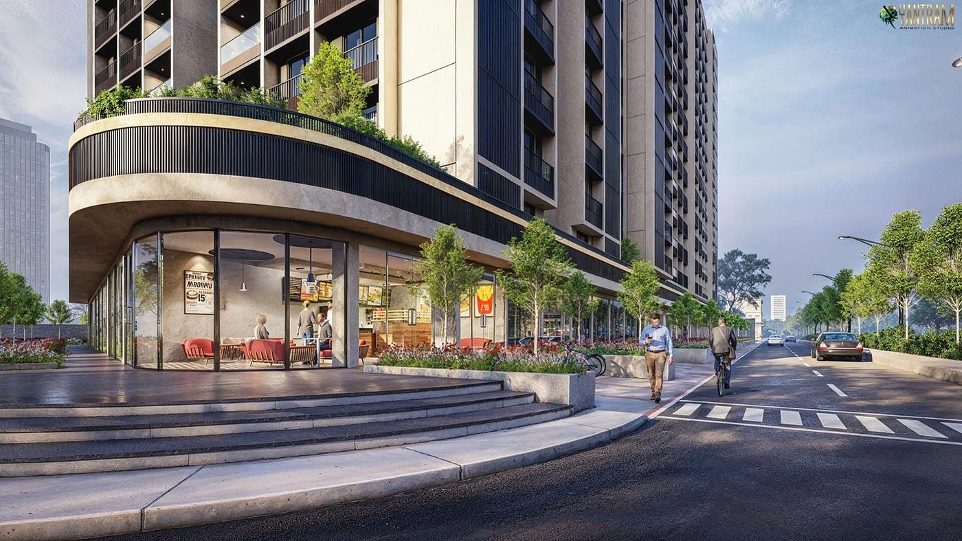 Modern exterior building rendering with cafe and street view-Ukraine