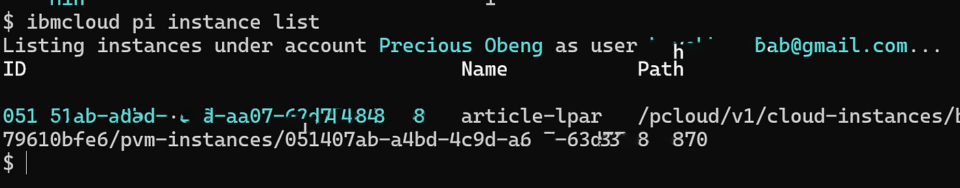 pi instance list — article-lpar visible with path reference
