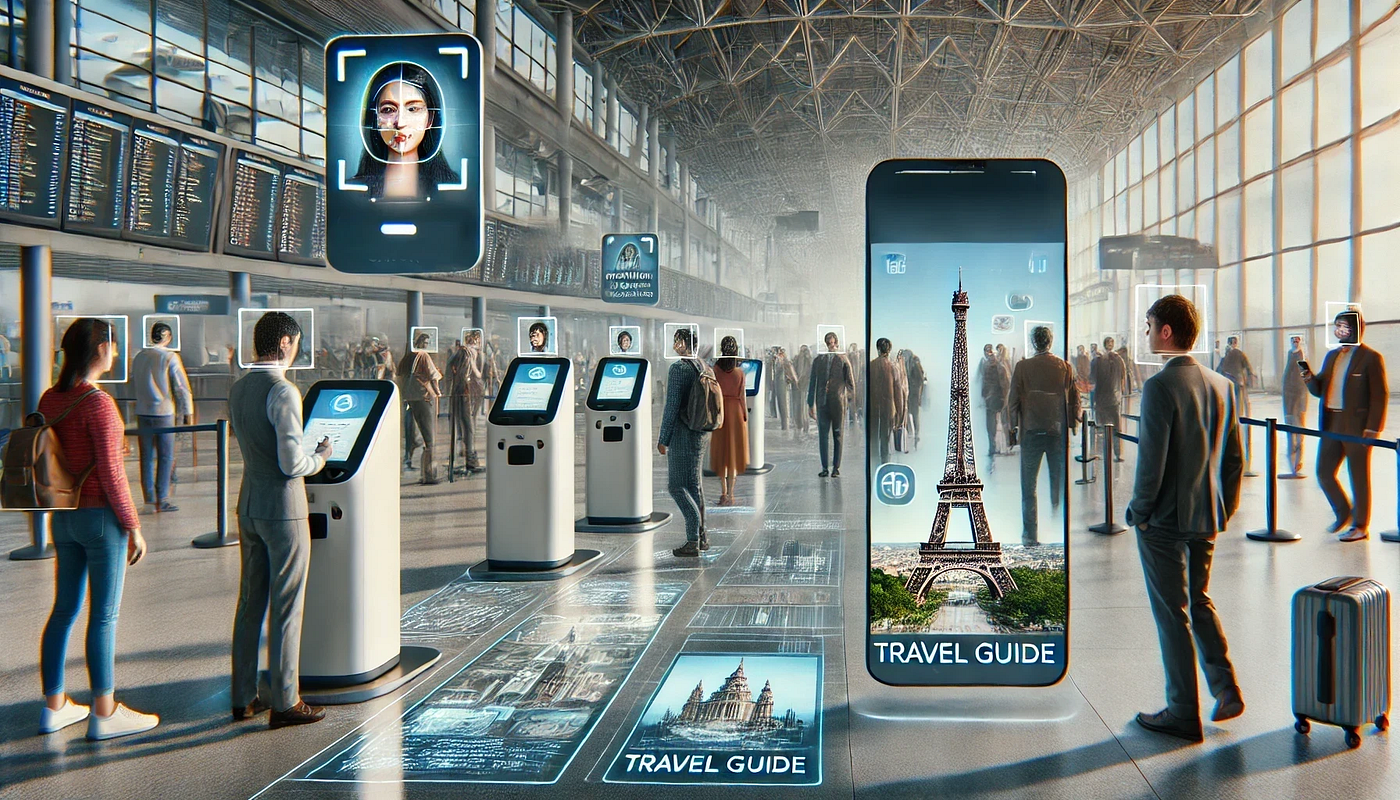 A futuristic cityscape with travelers being assisted by AI-powered travel assistants