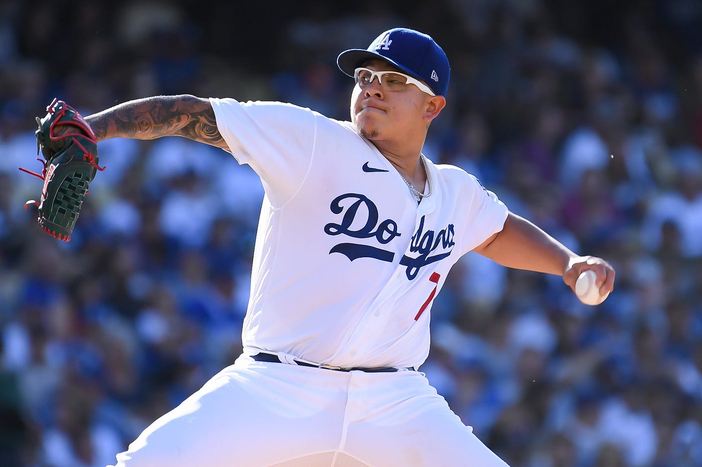 Julio Urias of the Los Angeles Dodgers celebrates after closing