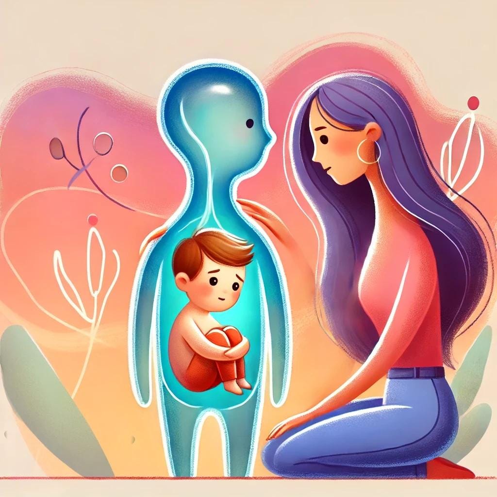 AI-generated symbolic cartoon-style illustration representing the inner child seeking a connection that was never received