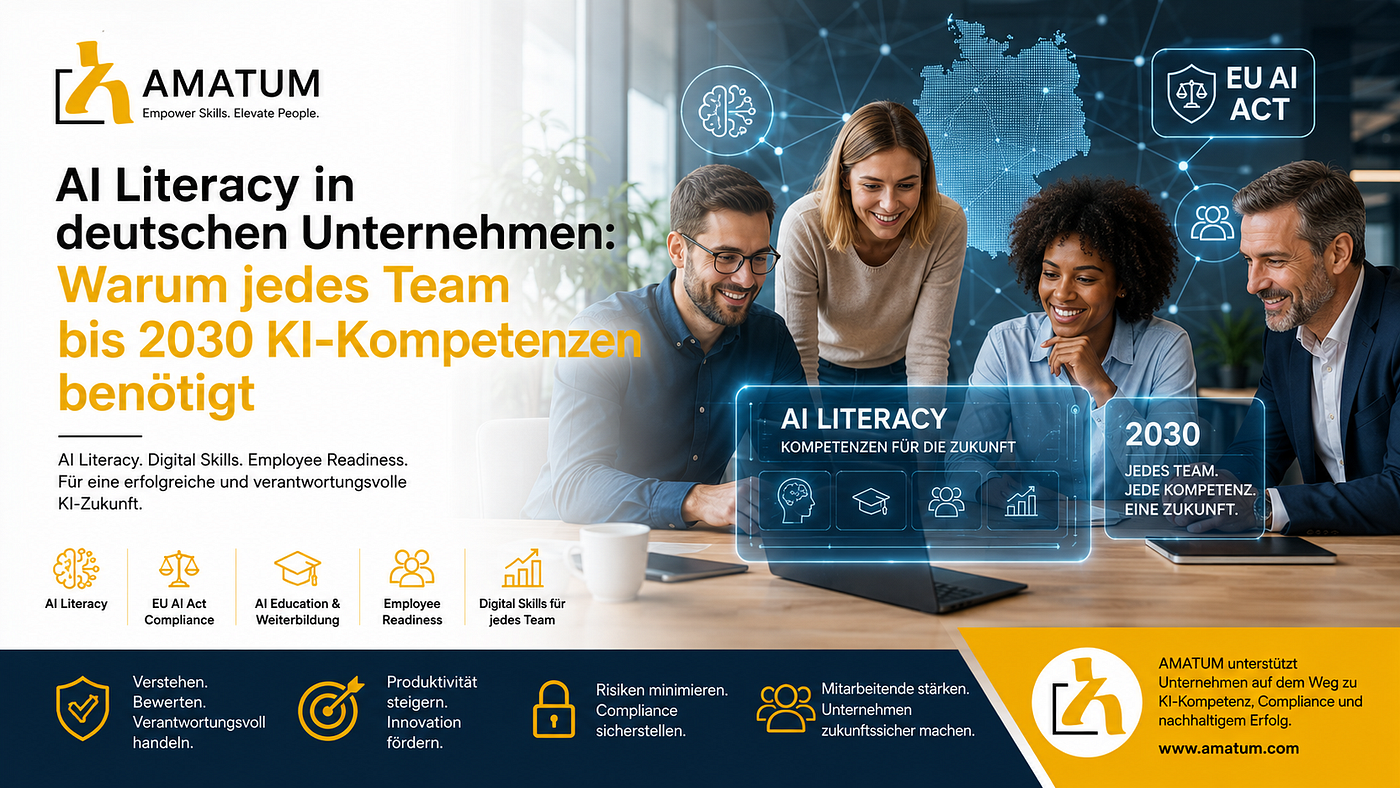 Bis 2030 werden Unternehmen nicht nur moderne KI-Technologien benötigen — sondern Teams, die diese sicher, verantwortungsvoll und produktiv einsetzen können. Mit gezielter AI Education, starken Digital Skills und der richtigen Vorbereitung auf den EU AI Act schaffen Unternehmen die Grundlage für Innovation, Compliance und nachhaltigen Erfolg.