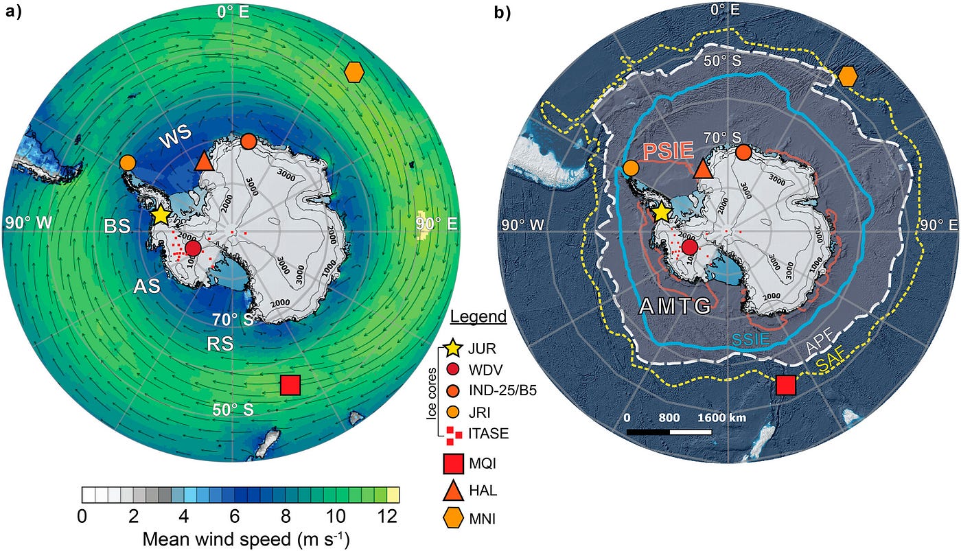 (a) The JUR site in relation to the Southern Hemisphere Westerly Winds belt. (b) The JUR site in relation to oceanographic zones around Antarctica. (Source: Timing of the Recent Migration and Intensification of the Southern Hemisphere Westerly Winds)