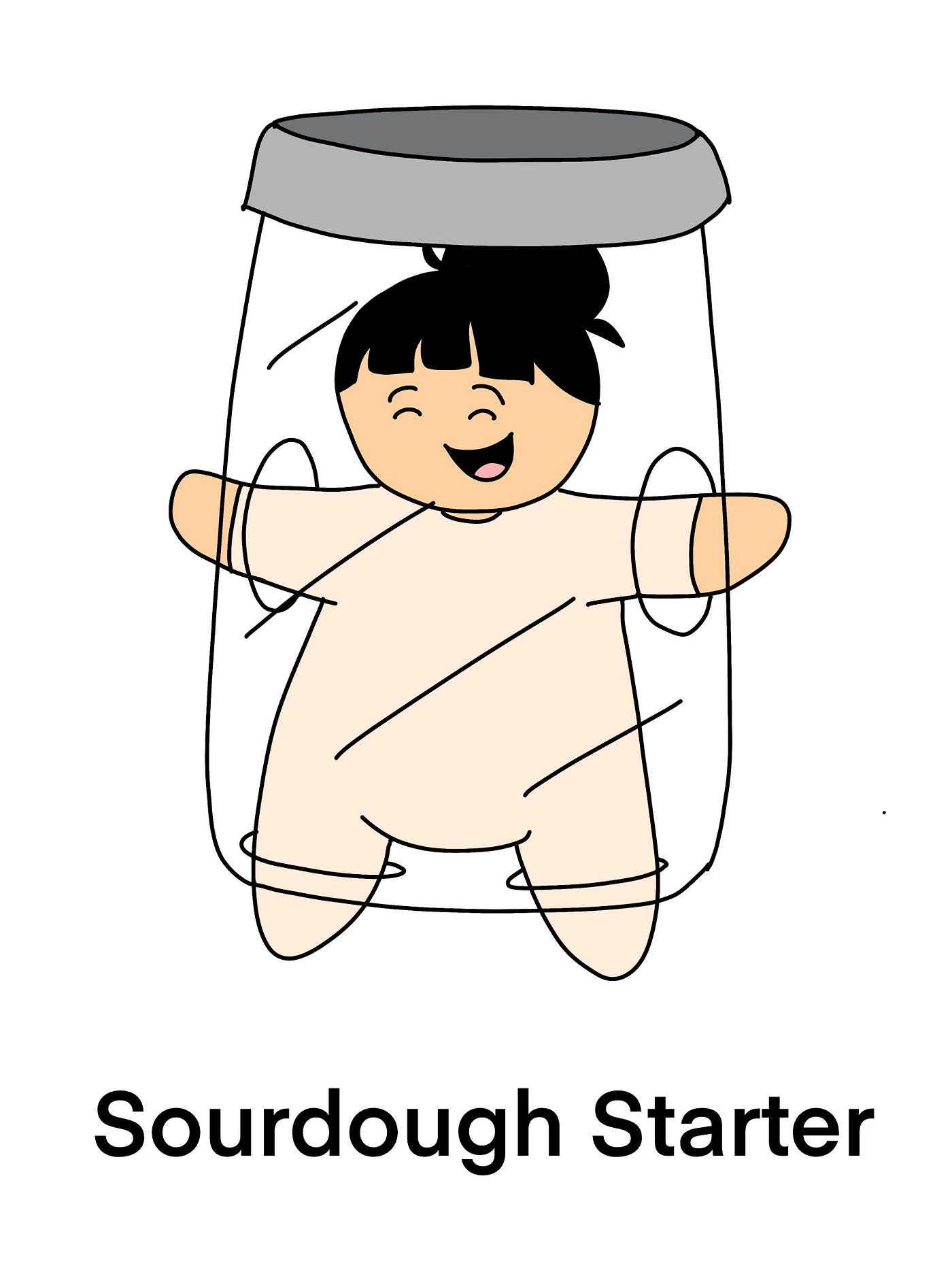 A person, wearing a nude bodysuit, inside a glass jar with arm and leg holes in it.