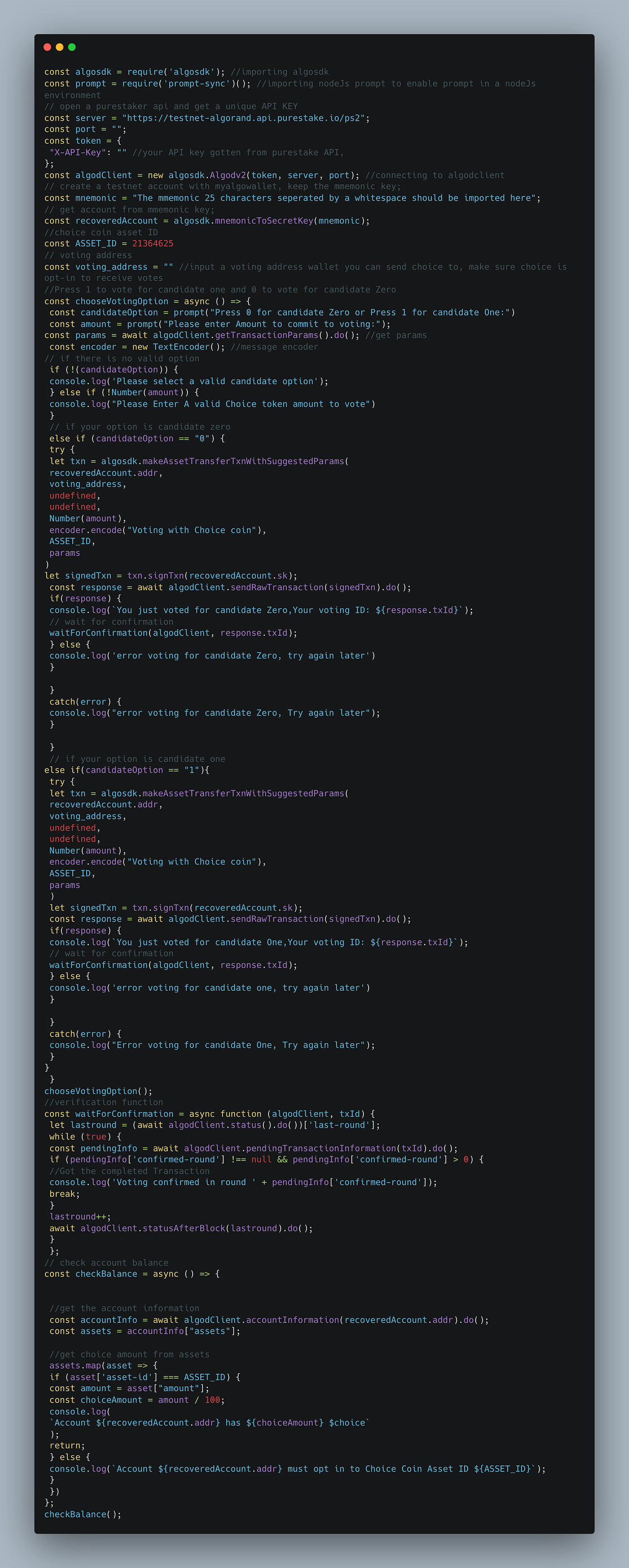 Build a decentralized voting app with Choice Coin and Javascript algorand  SDK Using NodeJs📨 | by Samuel Tosin | CoinsBench