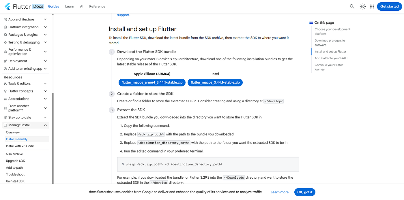 The Flutter download page showing the macOS ARM64 and Intel options side by side