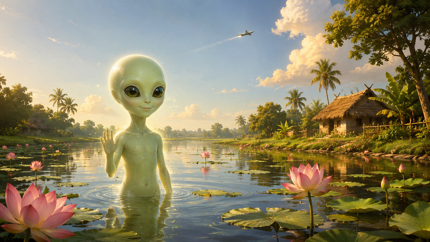 Somewhere between Area 51 and a Bengal pond, the alien hired a lawyer. Image created with ChatGPT.