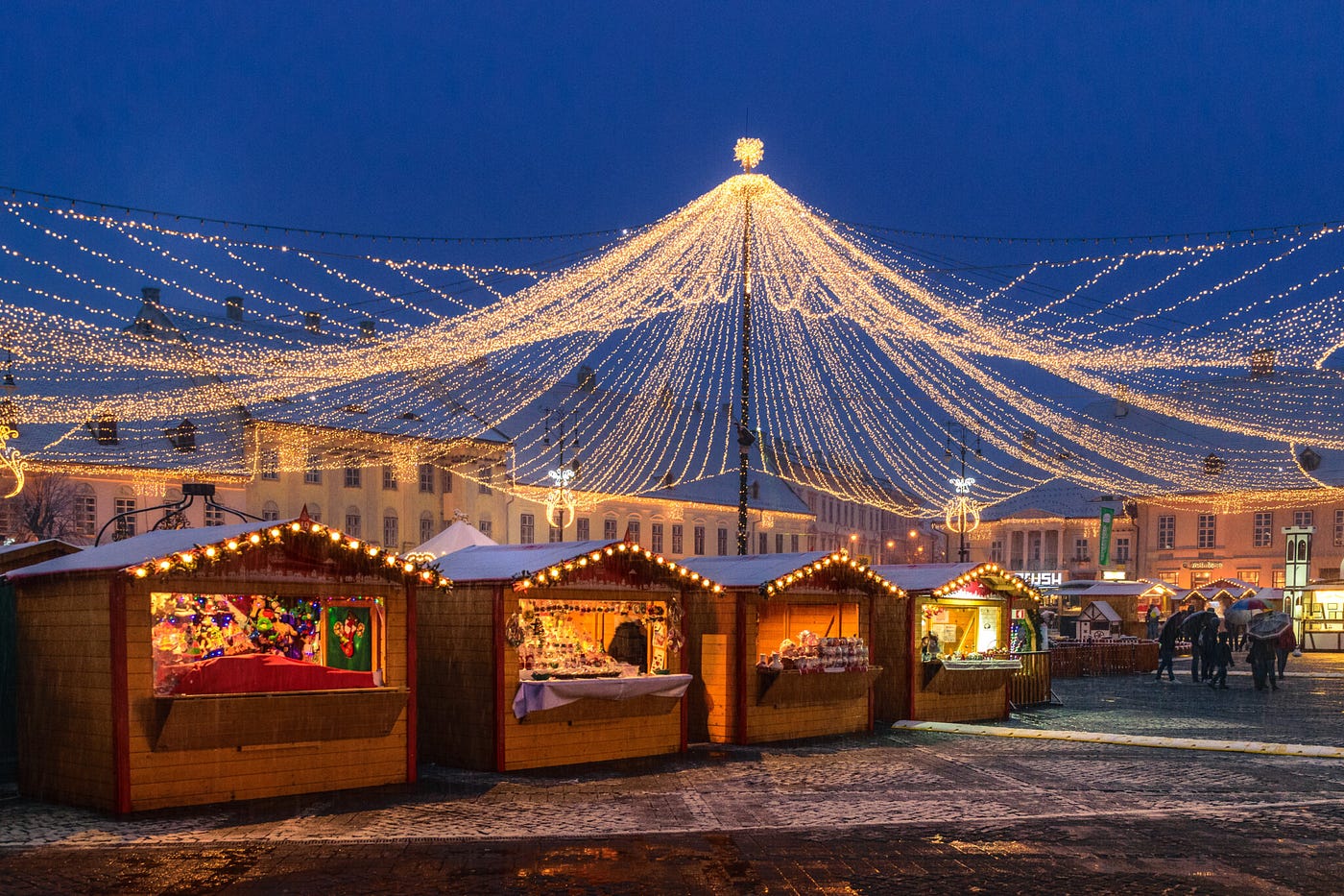 Christmas Market in Sibiu, Transylvania Romania. Beautifull sunset