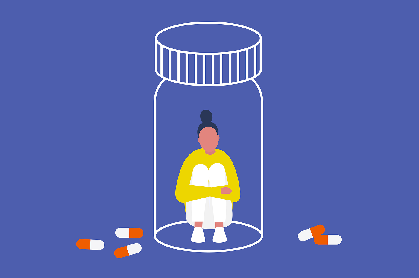 Simple illustration of a person sitting anxiously inside a pill bottle, 5 capsules on the ground outside it.