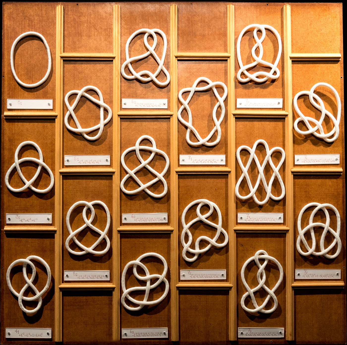 Examples of different knots including the unknot (top left) and the trefoil knot (below it). Exhibit made by Estes Objethos Atelier; photo by Rodrigo Tetsuo Argenton / Matemateca (IME USP), via Wikimedia Commons, licensed under CC BY-SA 4.0.
