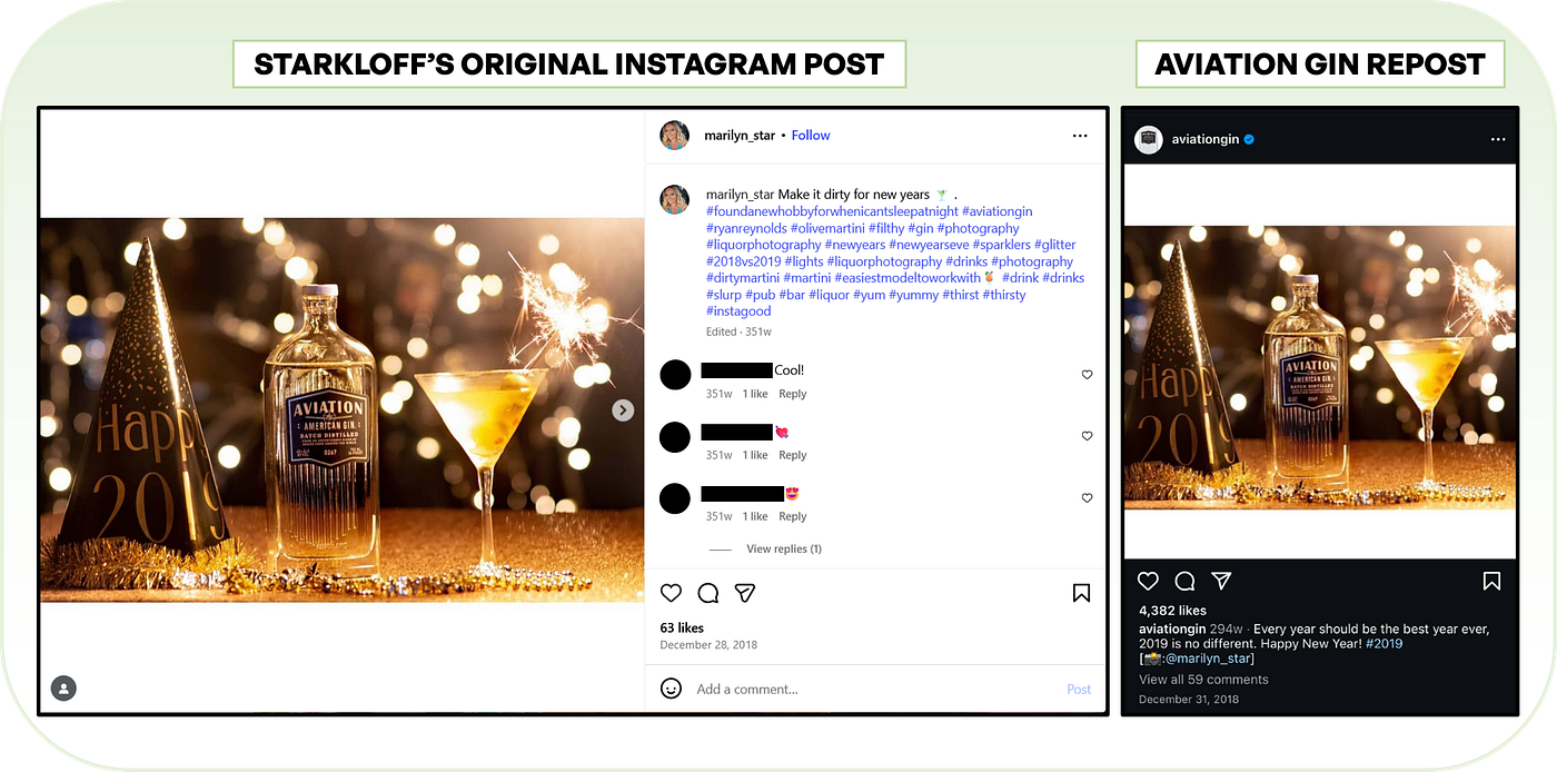 Aviation Gin’s Senior Brand Manager, Adrian Molina, reached out to Starkloff and asked for permission before reposting her New Year’s-themed Aviation Gin photo