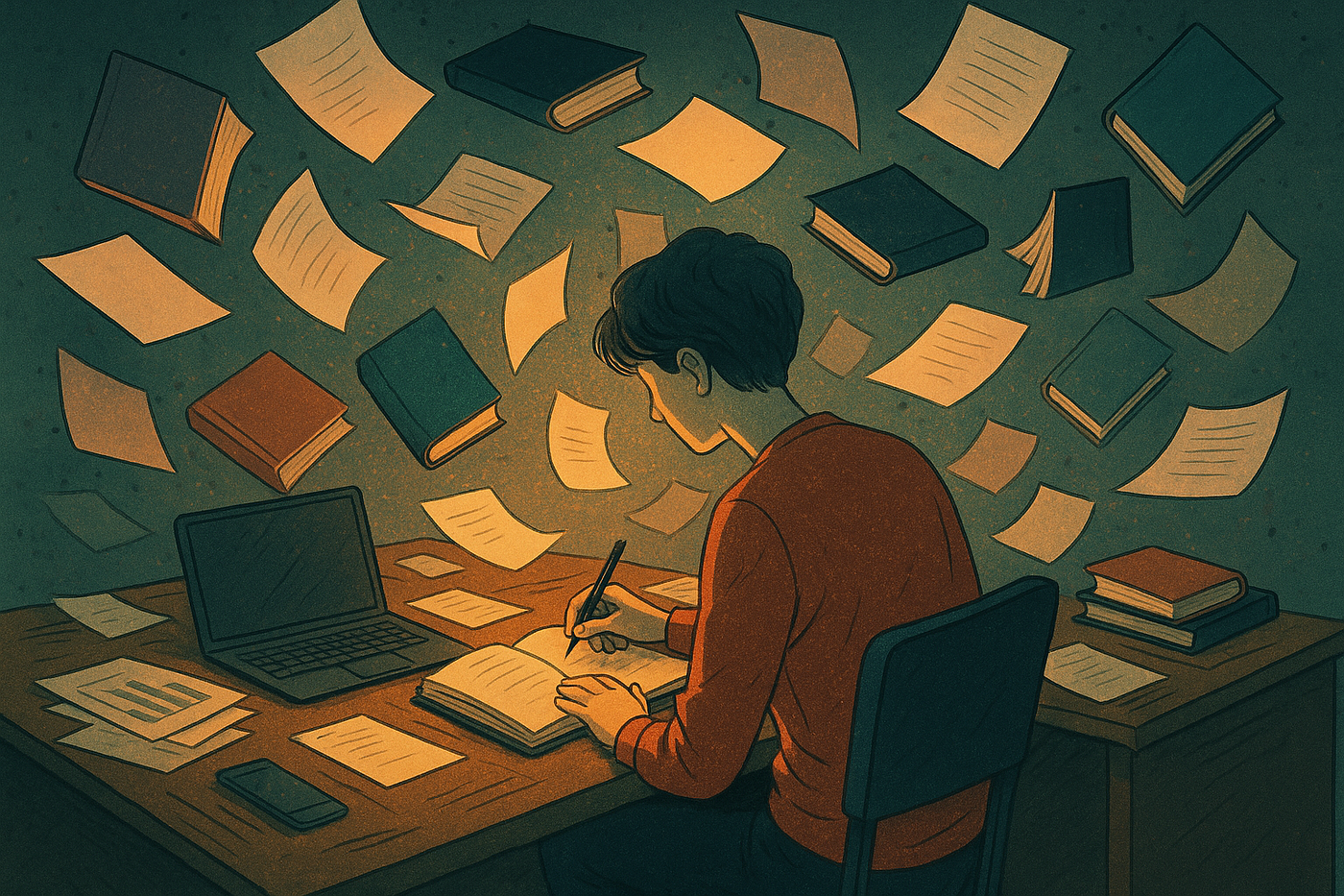 떠다니는 책과 종이로 가득 찬 어수선한 책상에 앉아 글을 쓰는 사람의 초현실적인 이미지. 차갑고 채도가 높은 청록색 배경에 따뜻한 조명이 비춰집니다.<BR>