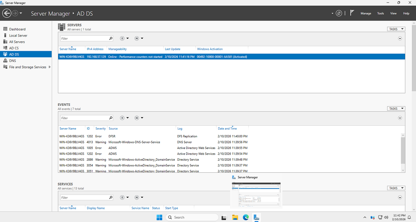 (AD DS role selection in Server Manager)