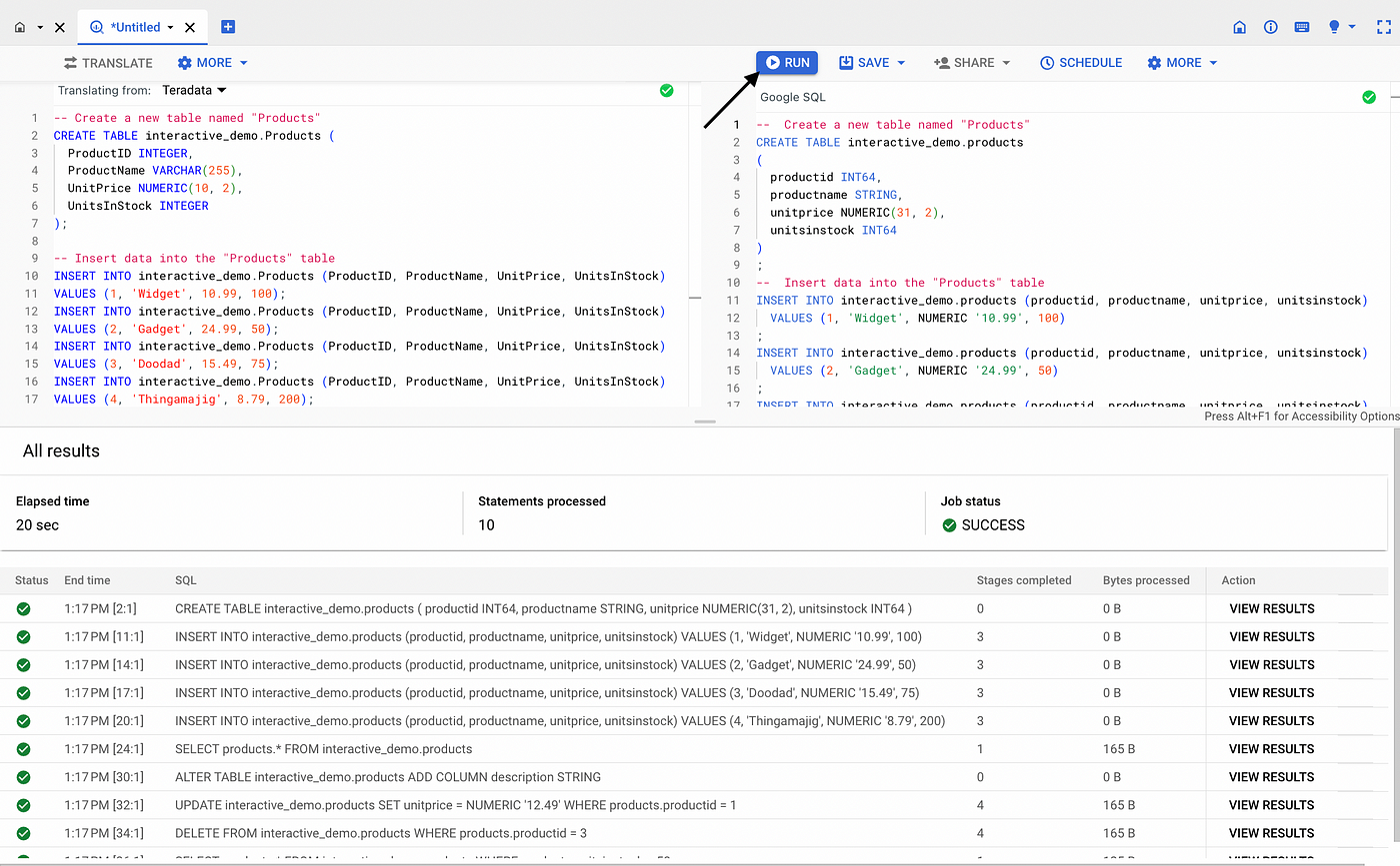 Traduzir consultas com o tradutor SQL interativo, BigQuery