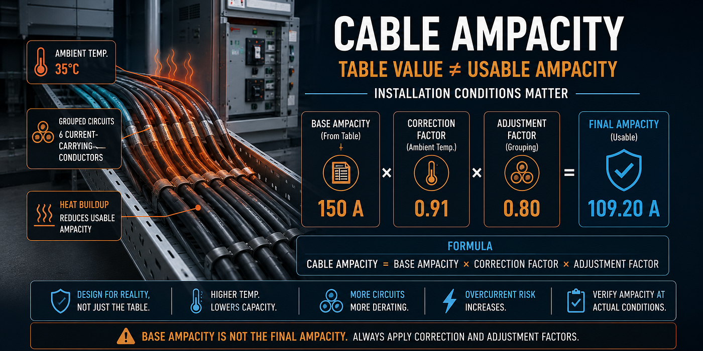 Cable Ampacity: Why a 150 A Conductor Can Become a 109 A Conductor in Real Installation Conditions