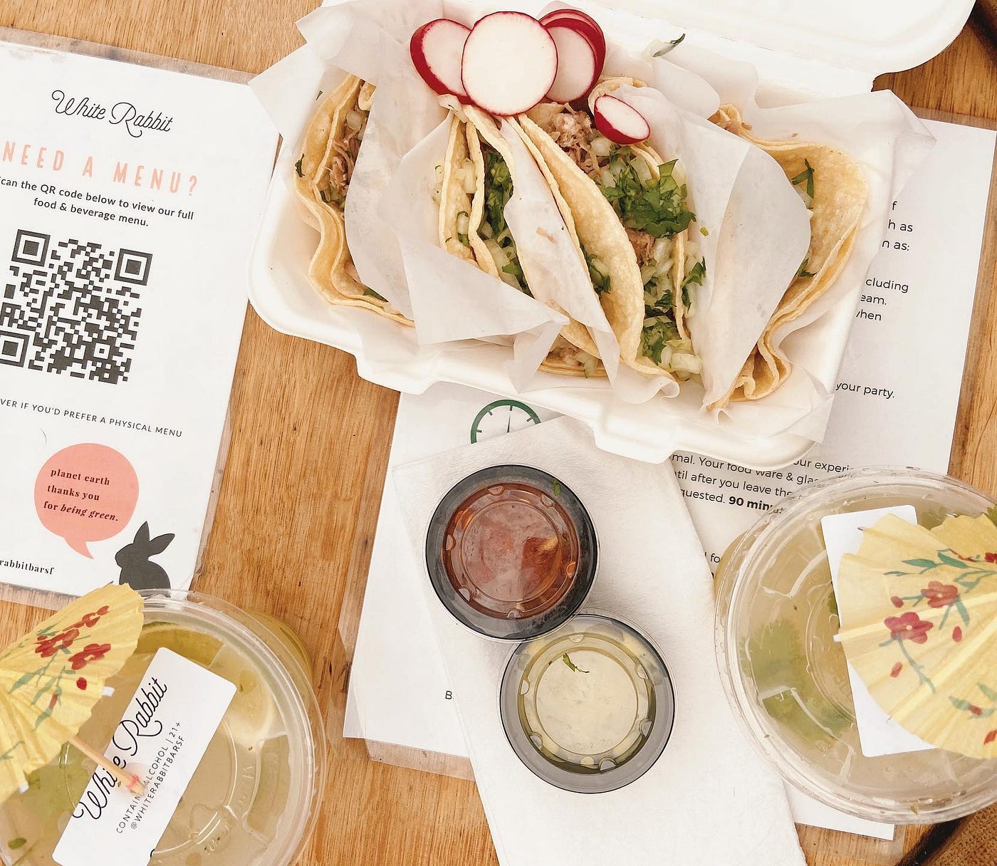 Tacos and sauce take out.