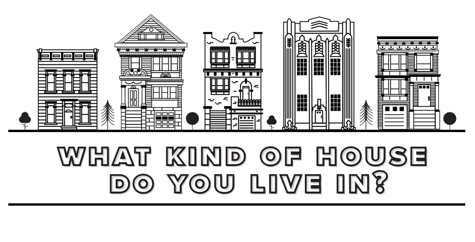 Line drawing of five types of SF house styles over the text: “What Kind of House Do You Live In?”