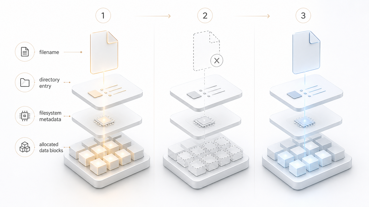 Deletion may remove filesystem references before the underlying blocks are overwritten, reused, or released through TRIM.