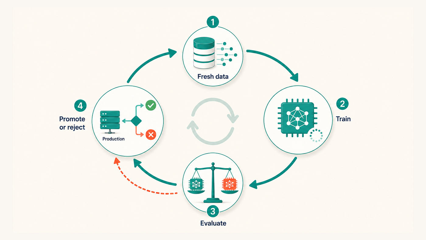 The automated retraining loop: fresh data → train → evaluate → promote or reject