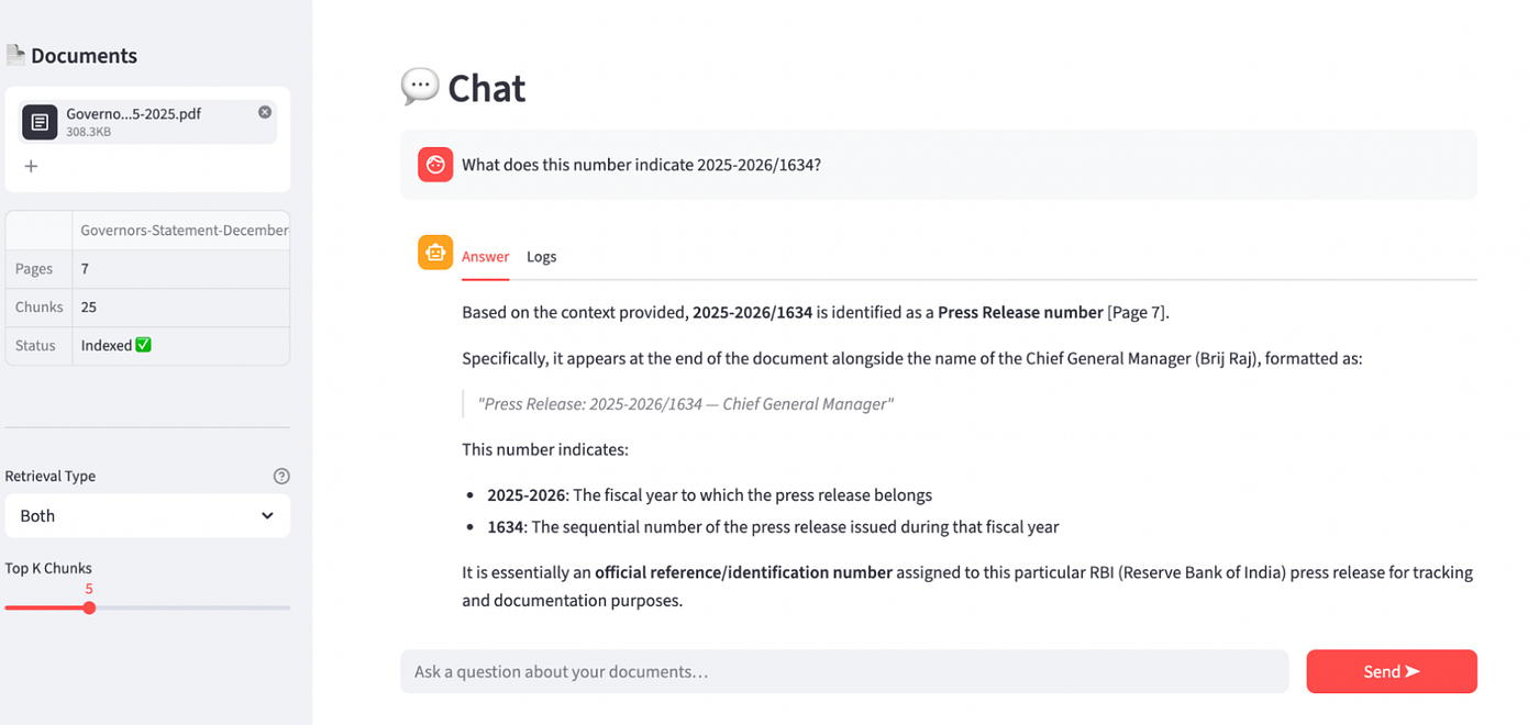 Screenshot: ‘Both’ selected. Same query. Answer tab shows specific accurate answer.