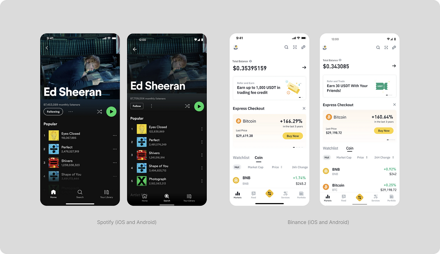 Navigation in the Spotify and Binance apps