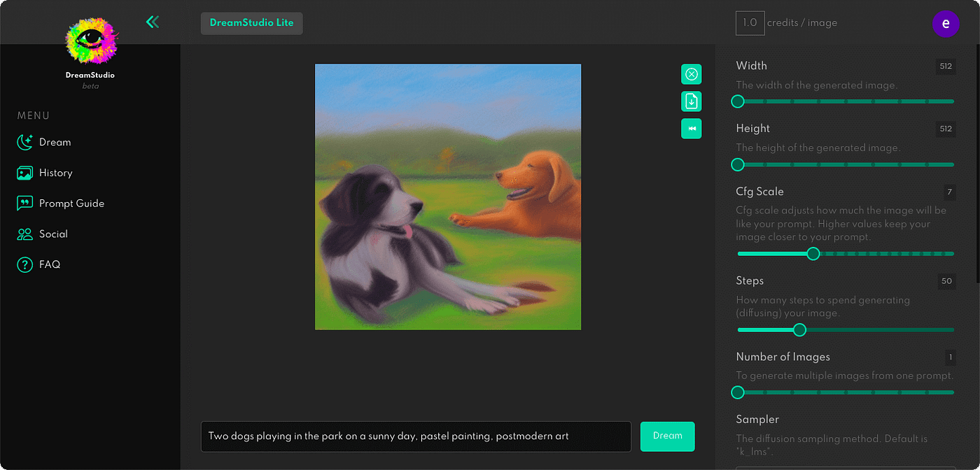 The interface of Dream Studio. The app uses the Stable Diffusion model.