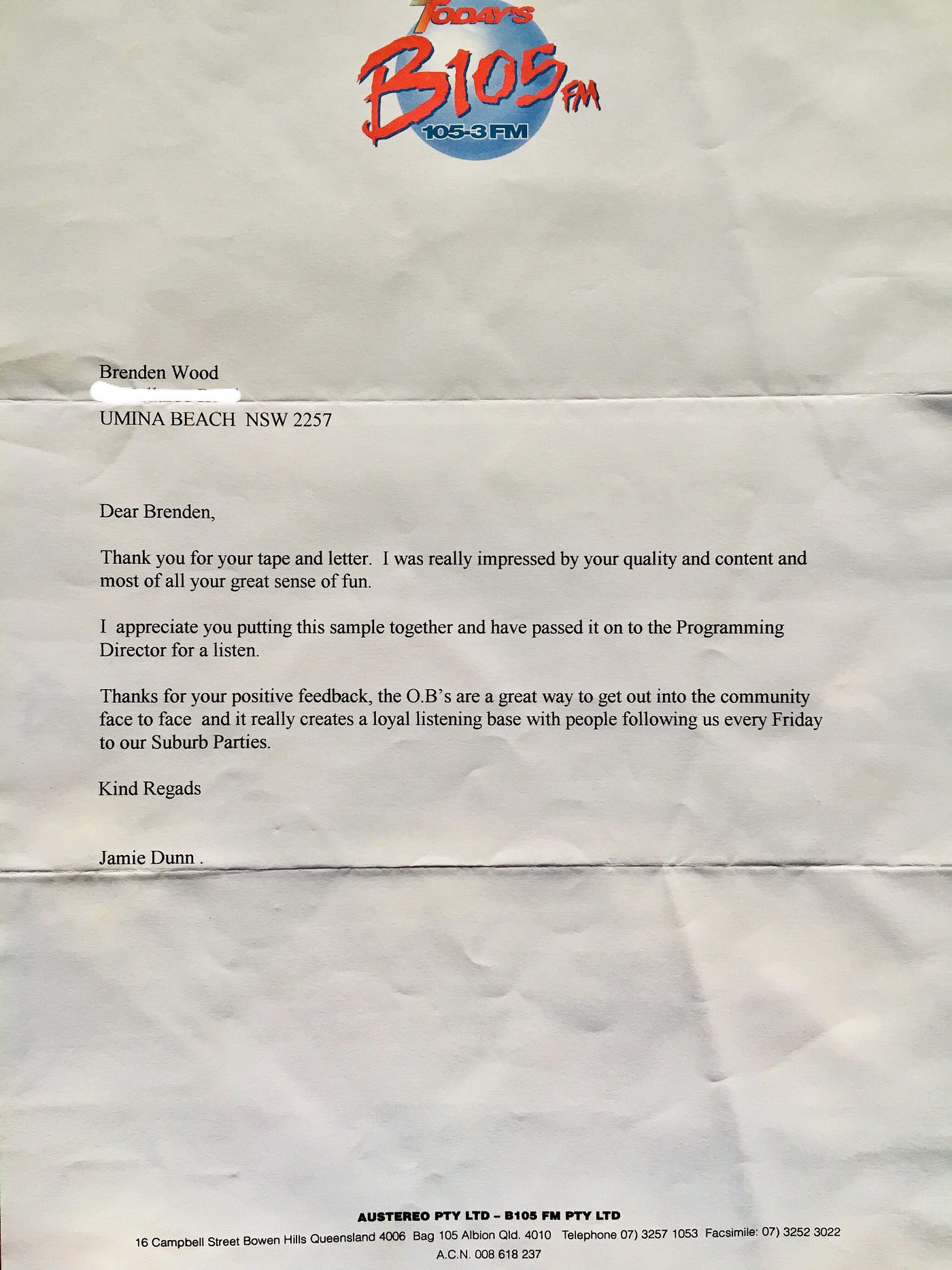 The unsigned letter from Jamie Dunn