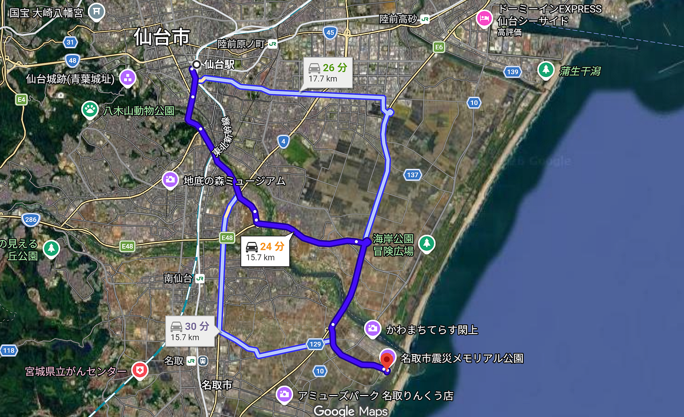 A map from Sendai Station to the Yuriage area