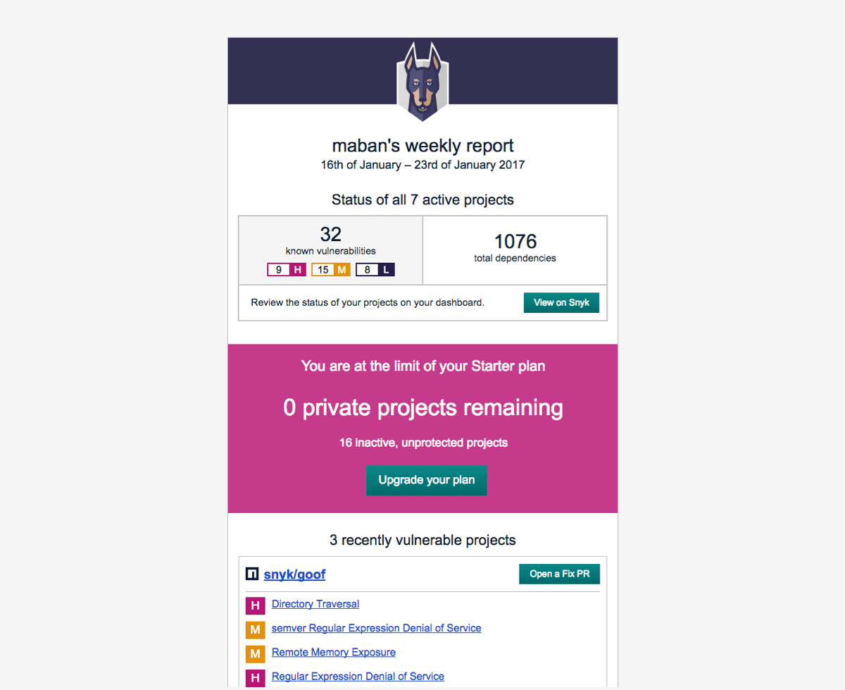 A screenshot of Snyk’s weekly report with a bright pink call to action for upgrading the plan, as it has hit its limits.