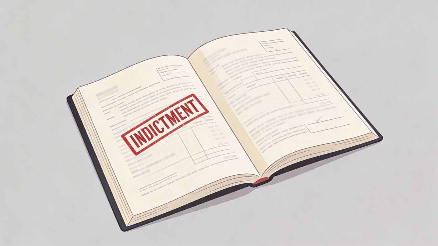 a ledger, open; on left page, a red stamped word, “indictment” — generated via Perplexity.ai.