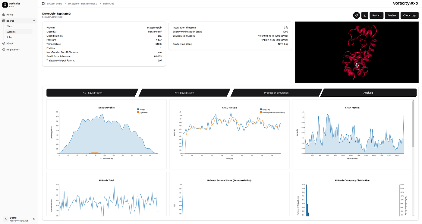 An example simulation view in Asclepius, showing real-time molecular motion and trajectory data.
