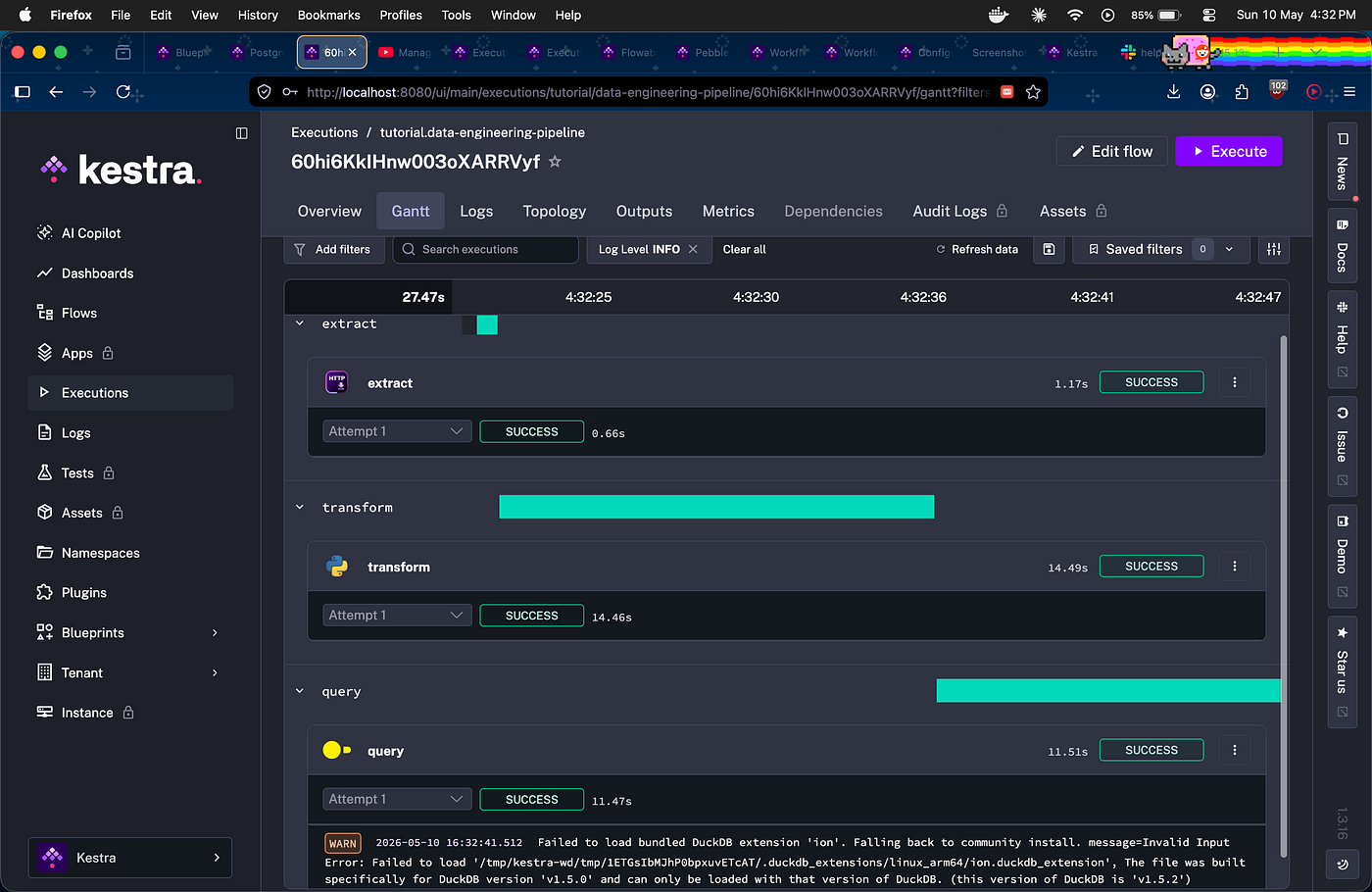 ETL pipeline Gantt showing extract → transform → query all SUCCESS