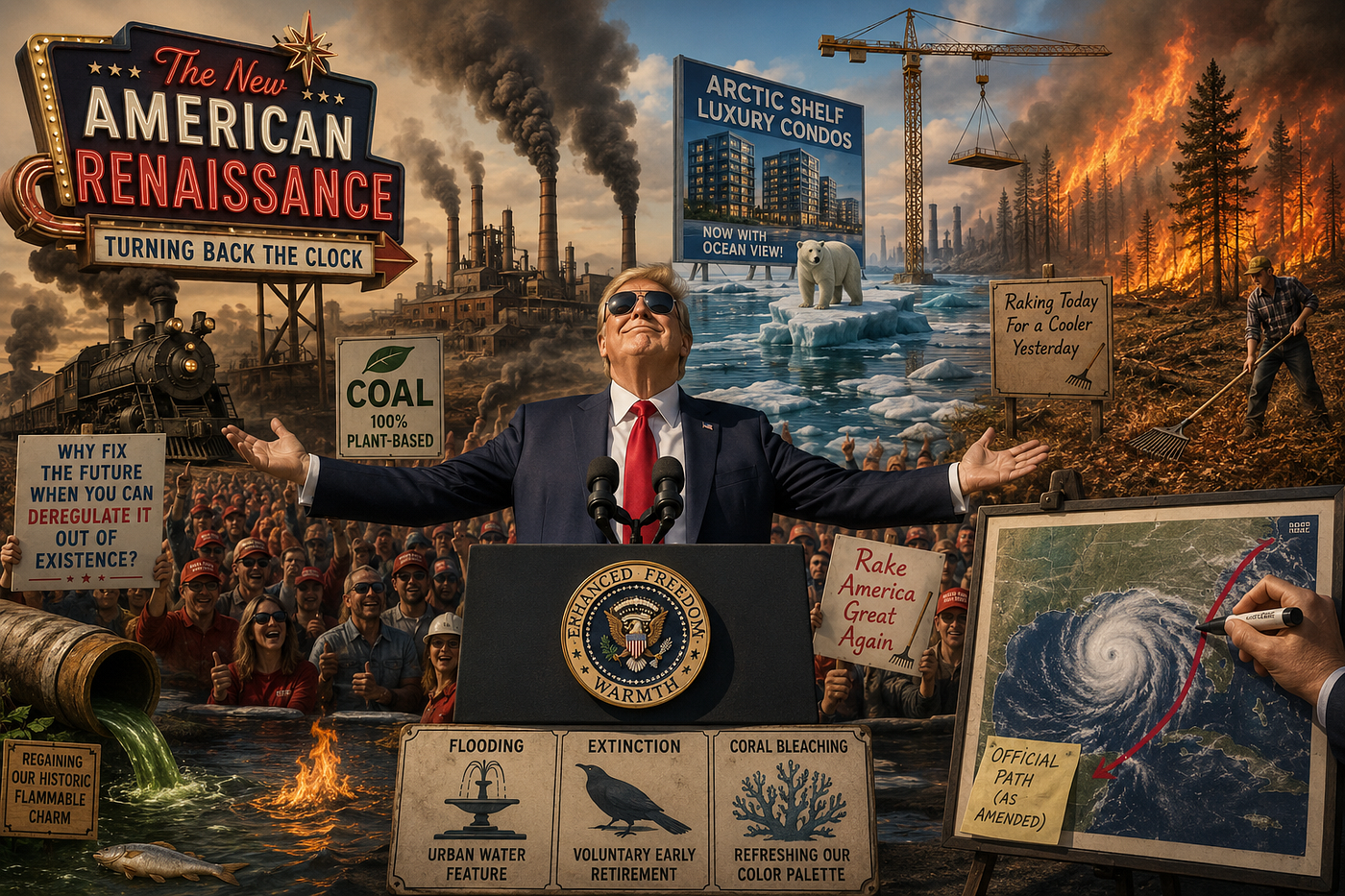 ChatGPT presents America’s bold new climate plan: deny it, deregulate it, and call the smoke freedom.