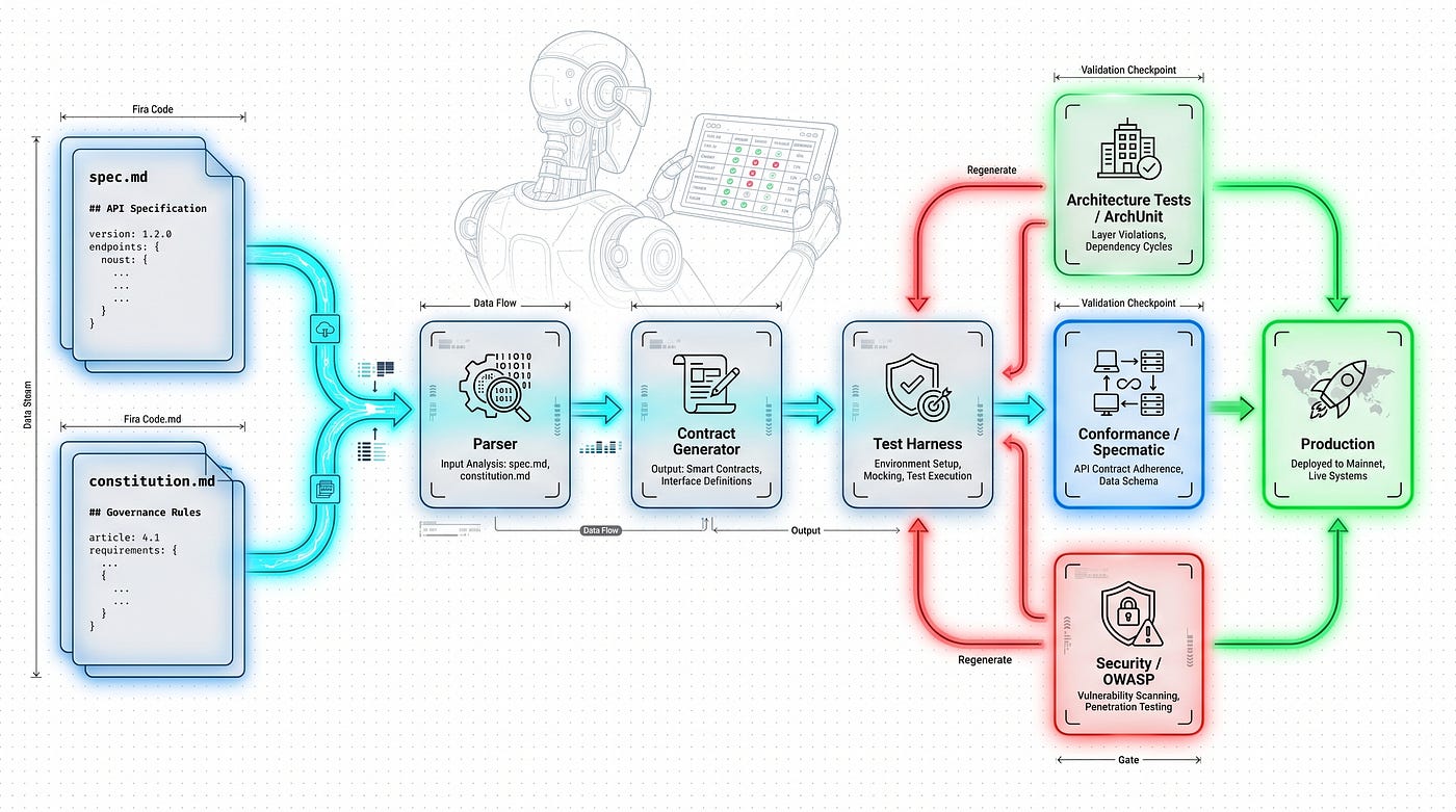 Spec.md parsed into machine contracts, three gates blocking code that violates architecture, API contract, or security rules.