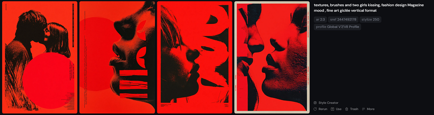 Promtp: textures, brushes and two girls kissing, fashion design Magazine mood , fine art giclée vertical format — ar 2:3 — sref 2447492178 — profile jy37xvz — stylize 250 — v 7