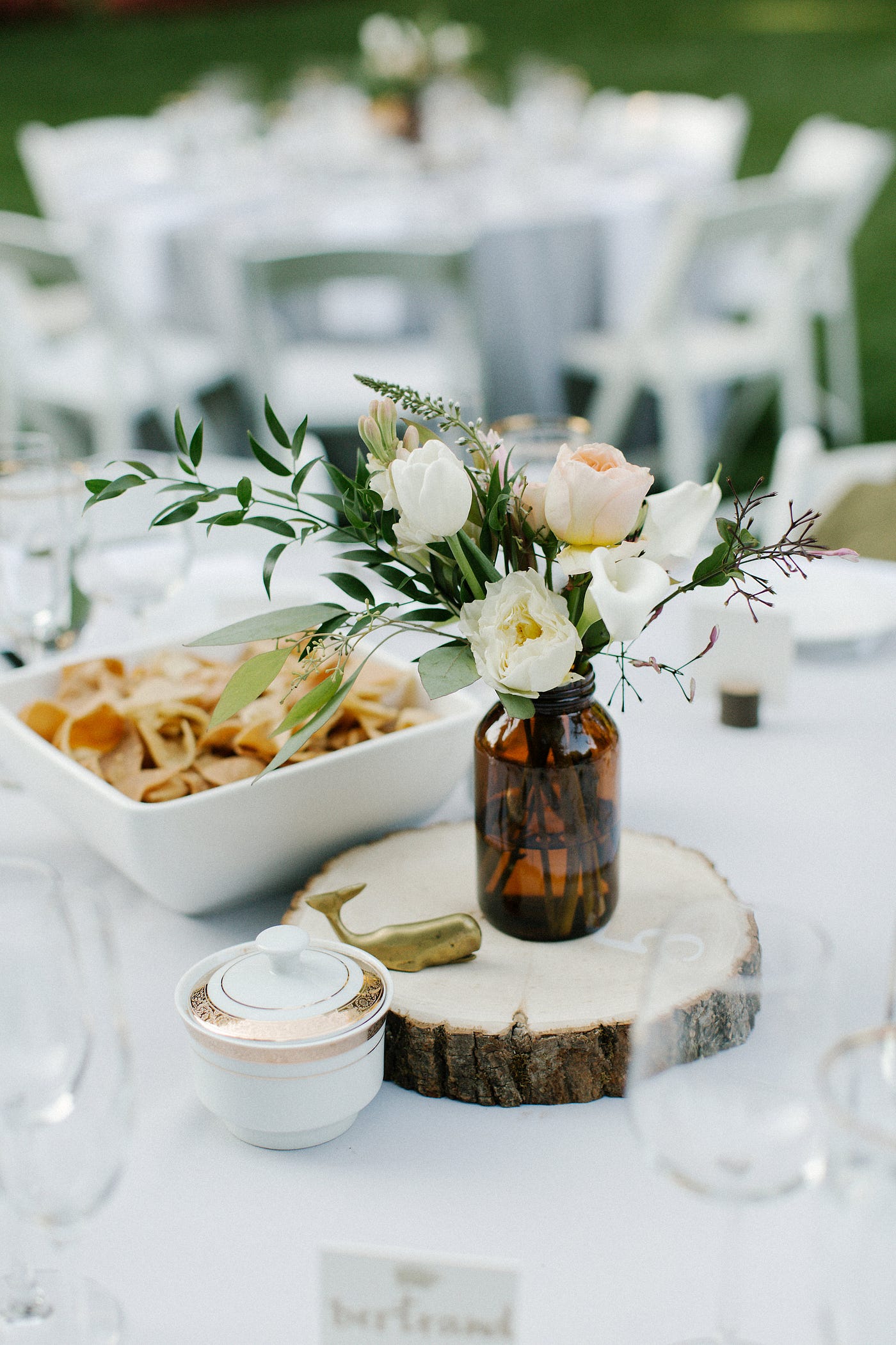 Rustic DIY Wedding Dinner. Gold & Wooden Centerpieces, by Linzi Berry