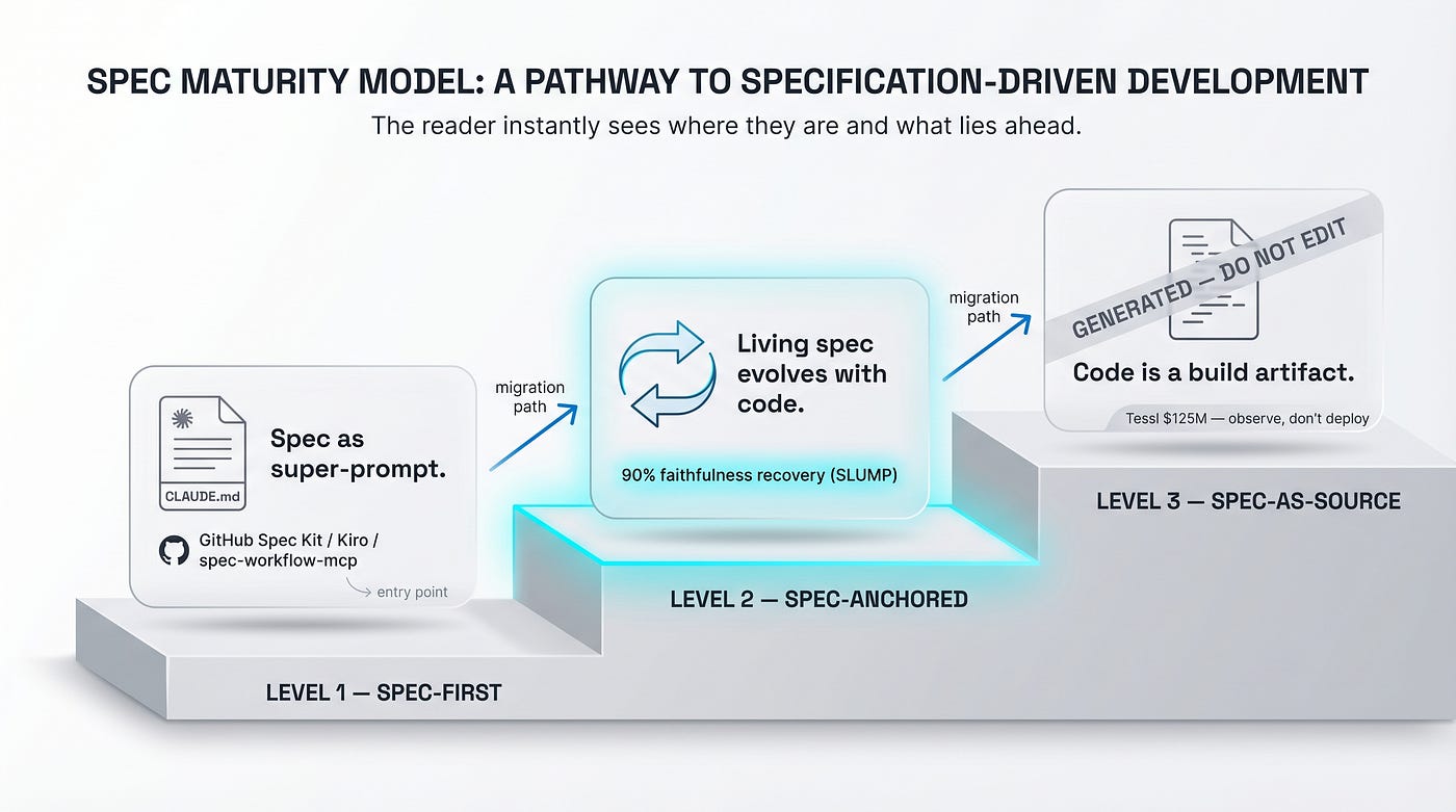 Three maturity levels of Spec Driven Development. Most teams stand at Level 1 (CLAUDE.md). Moving to Level 2 (living spec) delivers the greatest ROI. Level 3 (code as artifact) is the horizon.