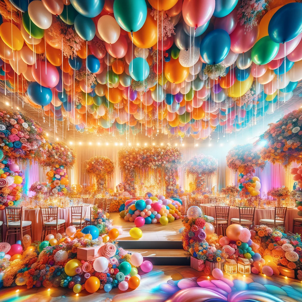 Festive birthday party decor. Minimalistic style. Black and white balloons  hang over number 10 in the restaurant hall Stock Photo