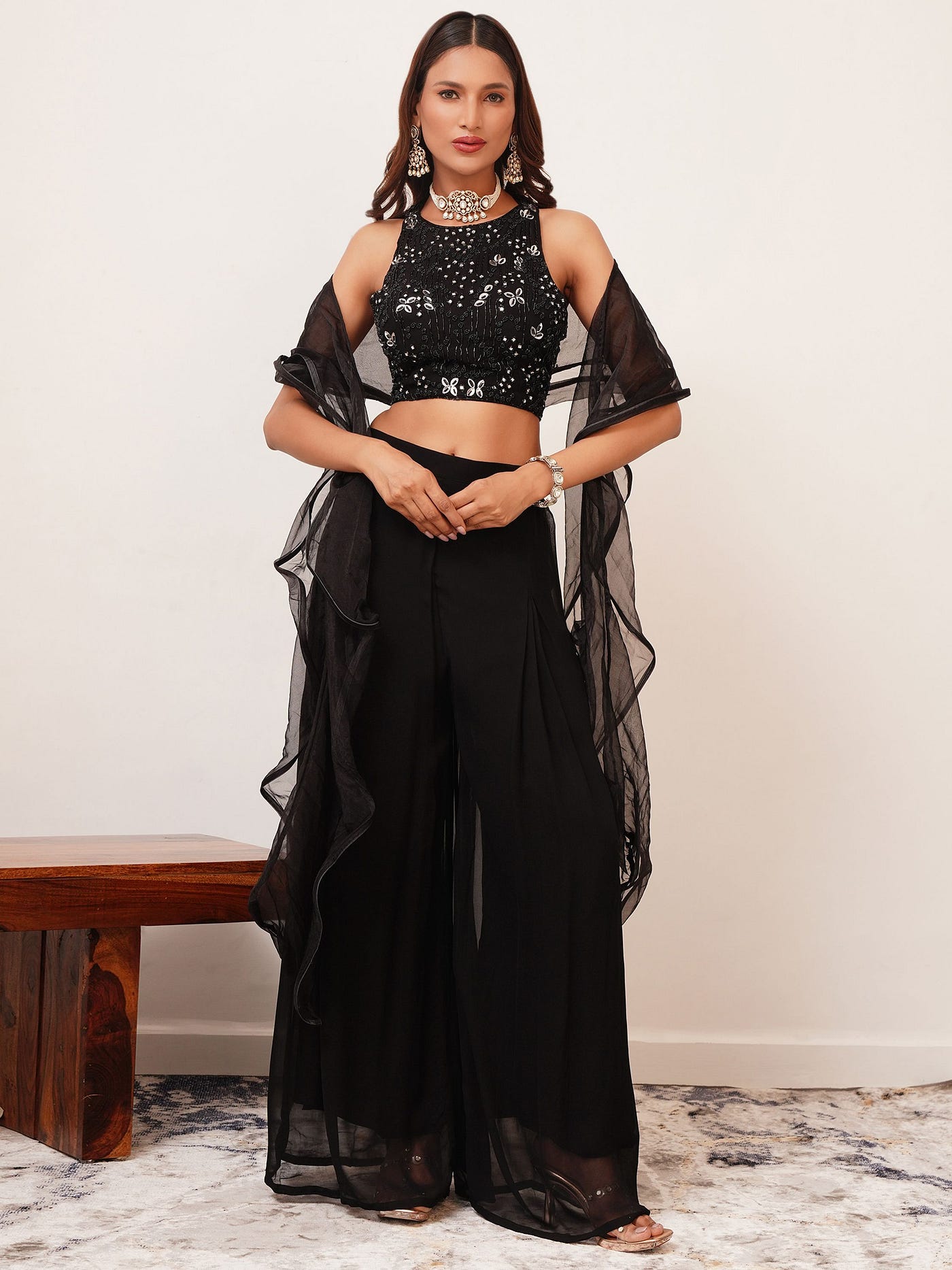 Black Embroidered Georgette Crop Top Palazzo With Dupatta
