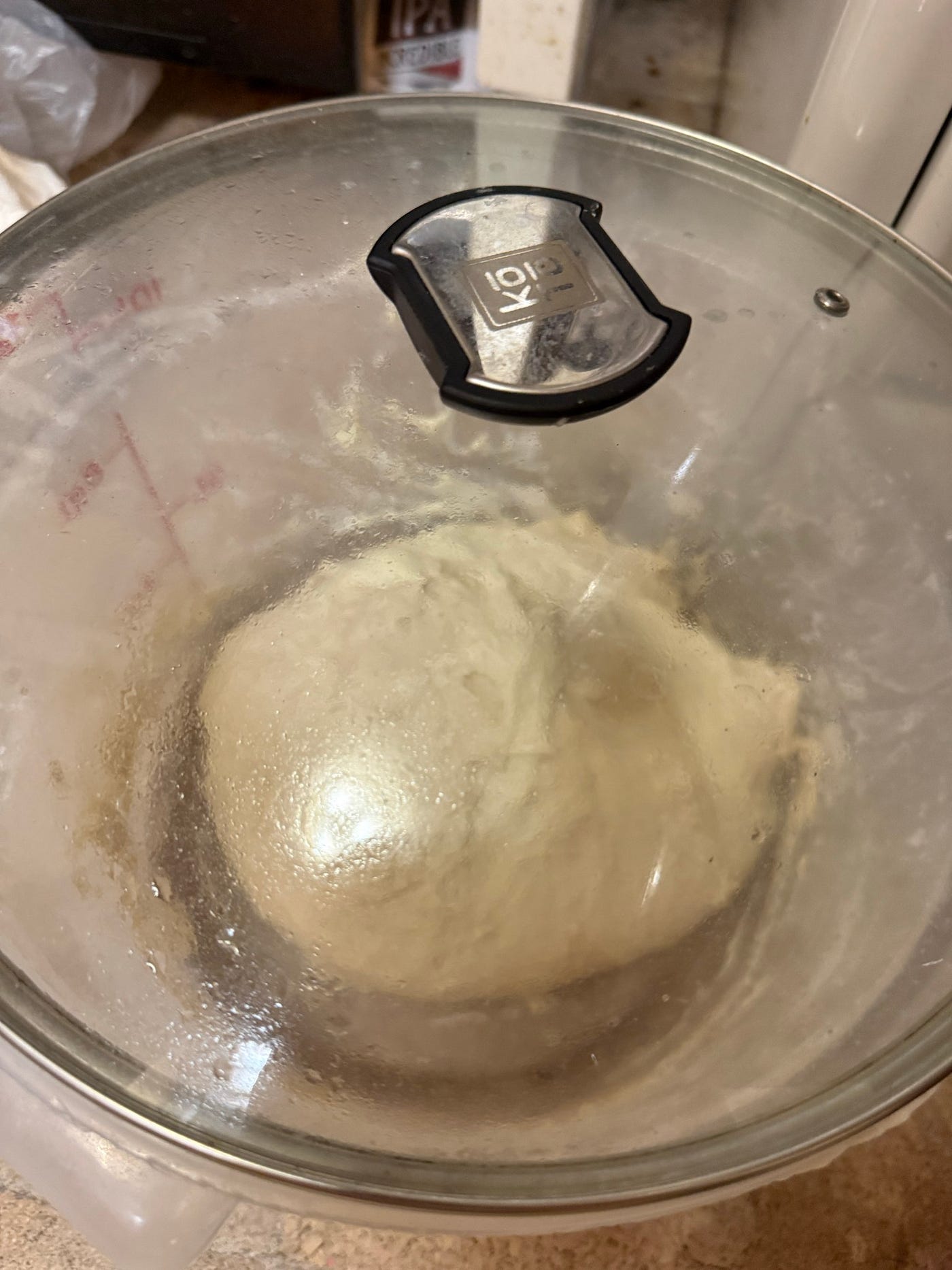 A stretch and fold (L/M), and the dough covered back up (R)
