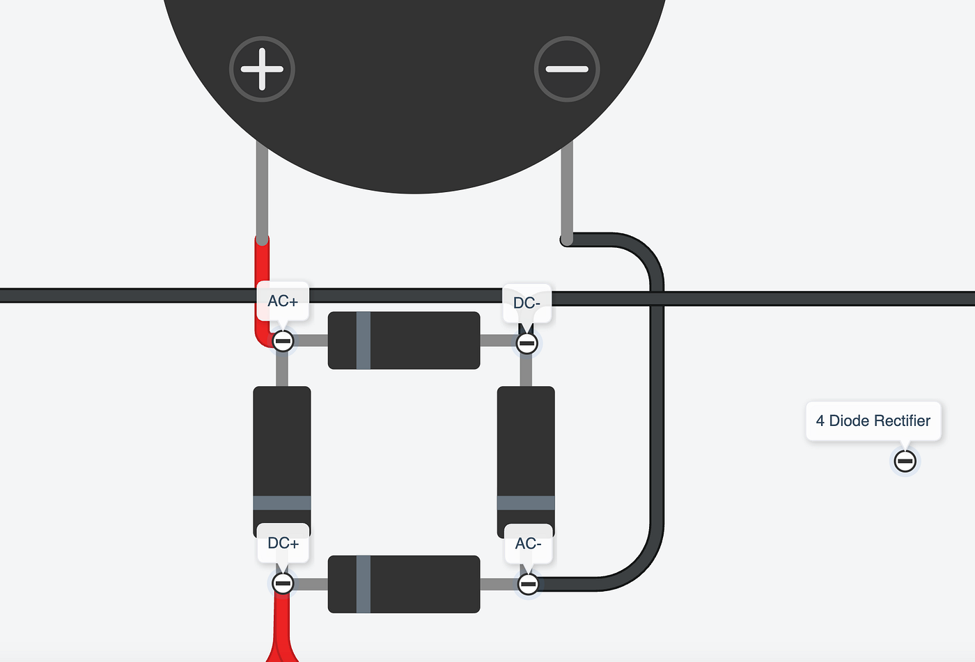 Figure 3.6 // Image by Daniel Fung on Tinkercad // Piezo connecting to 4 diode rectifier