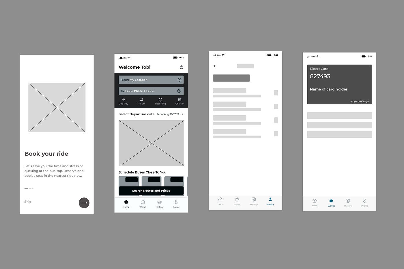 Few selected low fidelity screens.
